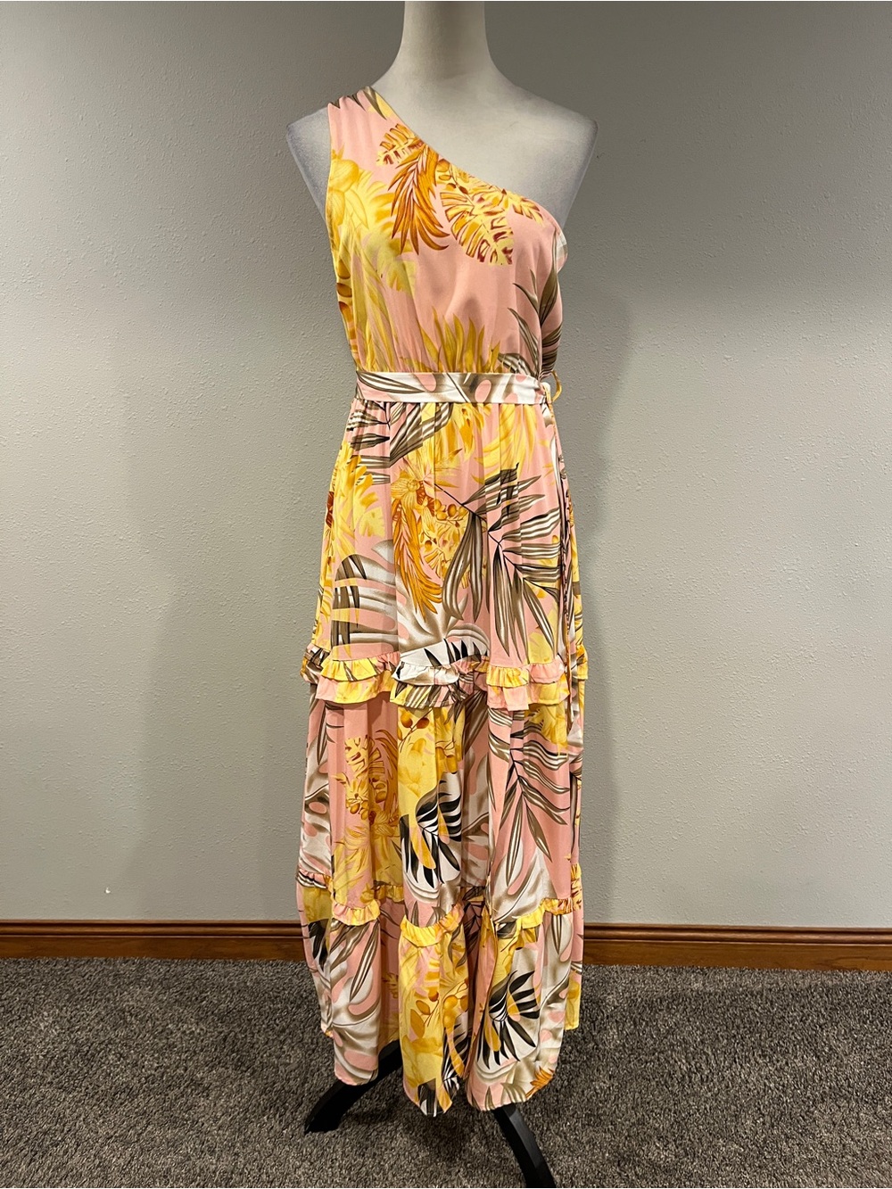 One-Shoulder Pink and Yellow Tropical Maxi Dress